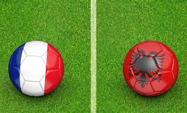 Team balls for France vs Albania football tournament match, 3D rendering