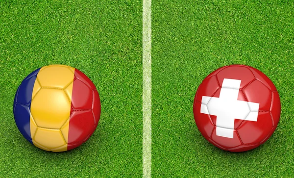 Bolas de equipe para Romênia vs Suíça jogo de torneio de futebol, renderização 3D — Fotografia de Stock