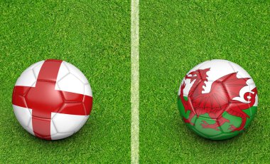 Team balls for England vs Wales football tournament match, 3D rendering clipart