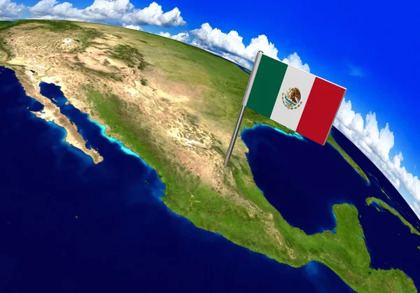 Marcador de bandera sobre país de México en el mapa del mundo 3D renderizado — Foto de Stock