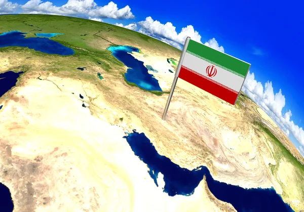 Flaggenmarkierung über dem Land von Iran auf der Weltkarte 3D-Rendering — Stockfoto