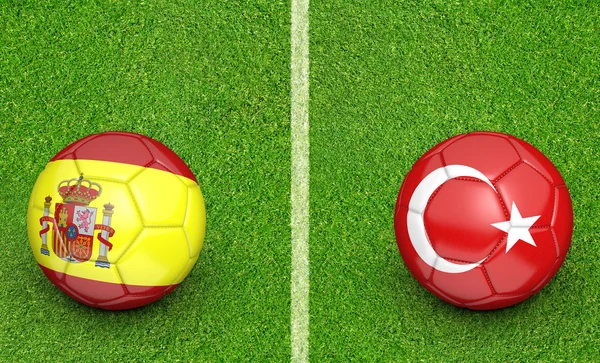 Balones de equipo para España vs Turquía partido torneo de fútbol, representación 3D —  Fotos de Stock