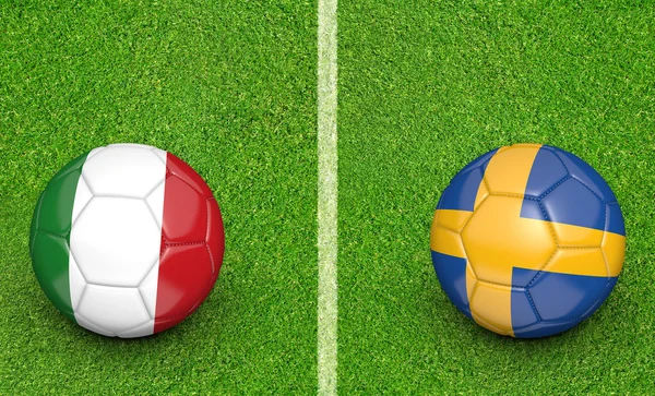 Balones de equipo para Italia vs Suecia partido torneo de fútbol, representación 3D —  Fotos de Stock