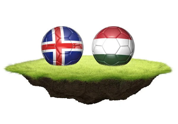 Islandia y Hungría bolas de equipo para el torneo de campeonato de fútbol, representación 3D — Foto de Stock