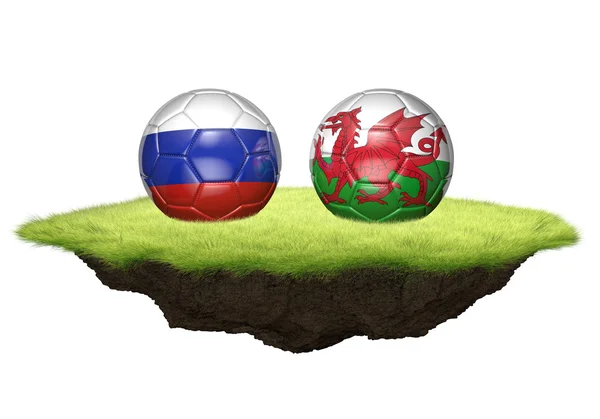 Rusia y Gales bolas de equipo para el torneo de campeonato de fútbol, representación 3D — Foto de Stock