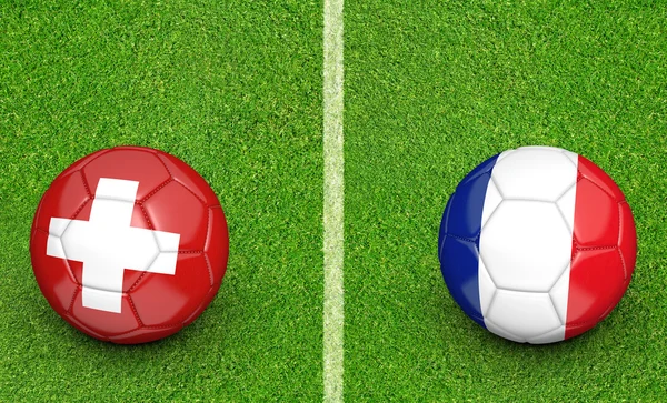 Bolas de equipe para a Suíça vs França jogo de torneio de futebol, renderização 3D — Fotografia de Stock