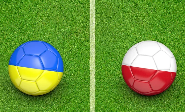Tým koule pro Ukrajinu vs Polsko fotbalový turnaj zápas, 3d vykreslování — Stock fotografie