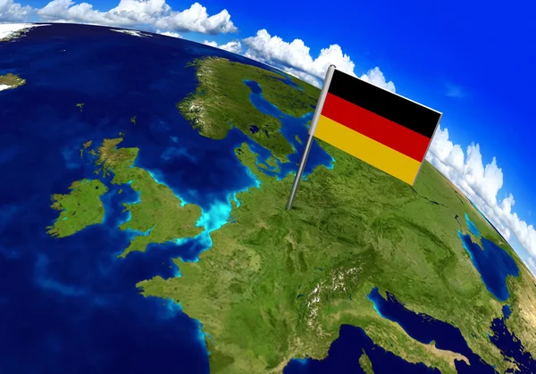 Flaga znacznik nad kraj Niemcy na świecie Mapa 3d renderowania — Zdjęcie stockowe
