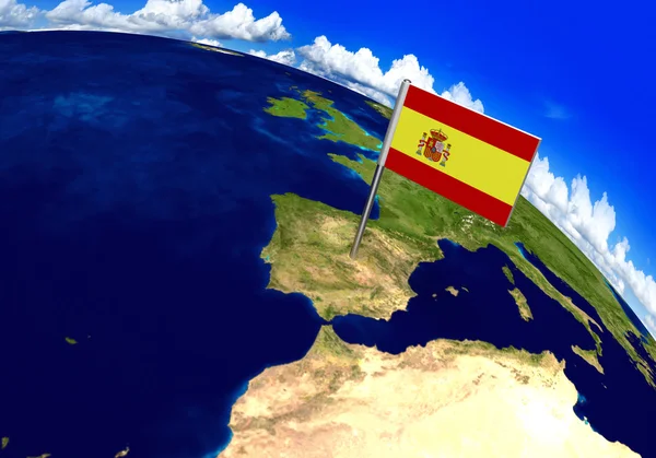 Vlag van marker over land van Spanje op wereld kaart 3D-rendering — Stockfoto