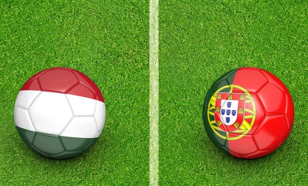 Balones de equipo para Hungría vs Portugal partido torneo de fútbol, representación 3D —  Fotos de Stock