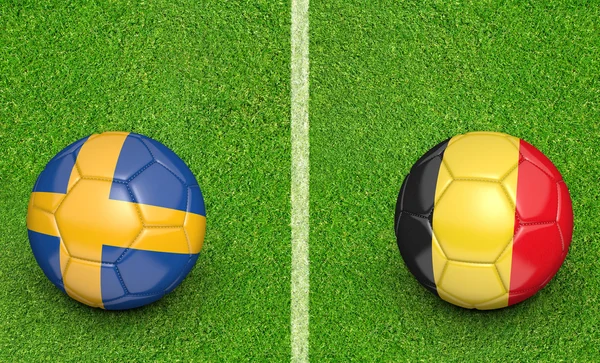 Pelotas de equipo para el partido del torneo de fútbol de Suecia vs Bélgica, representación 3D — Foto de Stock