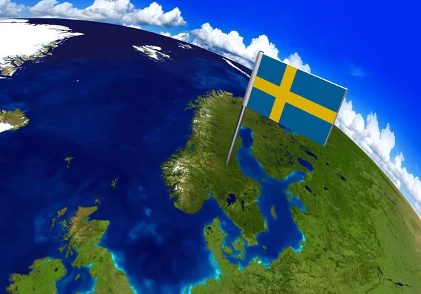 Σημαία του δείκτη πάνω από τη χώρα της Σουηδίας στον παγκόσμιο χάρτη 3d rendering — Φωτογραφία Αρχείου