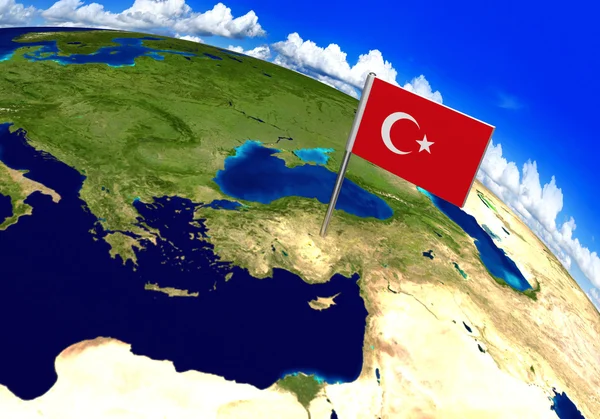 Flaga znacznik nad kraju Turcji na świecie Mapa 3d renderowania — Zdjęcie stockowe