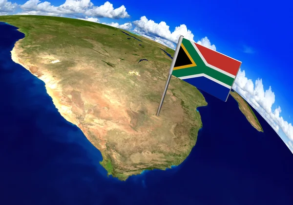 Marcador de bandeira sobre o país da África do Sul no mapa do mundo renderização 3D — Fotografia de Stock