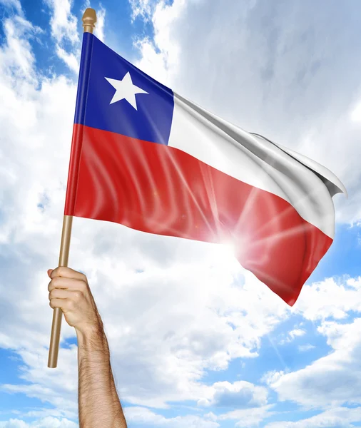 A mão da pessoa segurando a bandeira nacional chilena e agitando-a no céu, parte 3D renderização — Fotografia de Stock