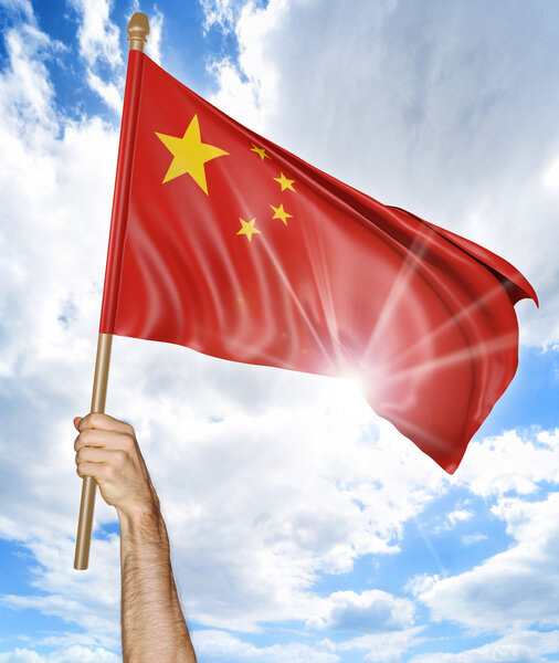Person 's hand holding the Chinese national flag and waving it in the sky, part 3D rendering
