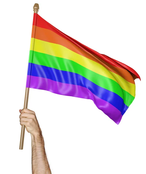 Hand proudly waving a rainbow flag in solidarity with LGBT community, 3D rendering — Stock Photo, Image