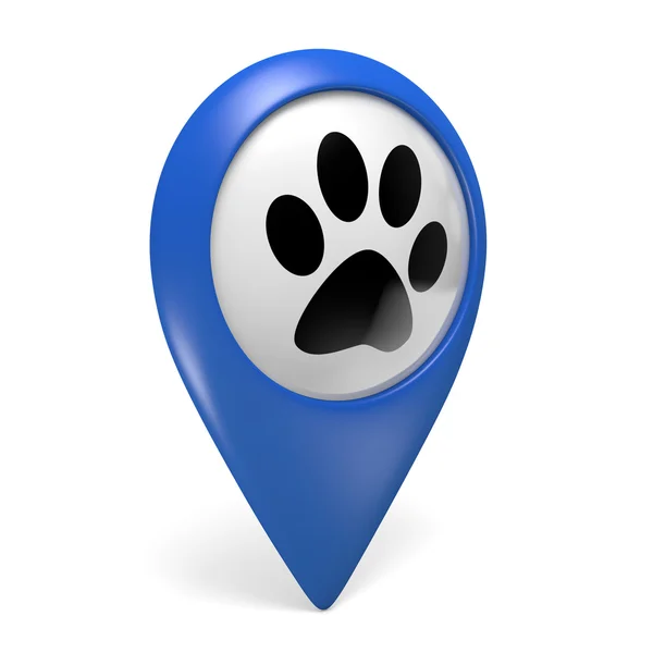 Mapa niebieski wskaźnik ikona z symbolem łapa Sklepy zoologiczne i usługi dla zwierząt, renderowania 3d — Zdjęcie stockowe