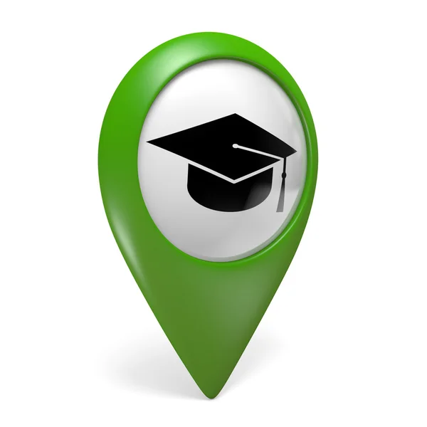 Green map pointer icon with a grad cap symbol for colleges and universities, 3D rendering — Stock Photo, Image