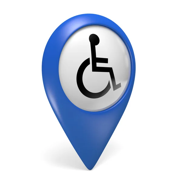 Icona puntatore mappa blu con simbolo della sedia a rotelle per disabili, rendering 3D — Foto Stock