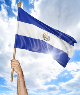 Kişinin el El Salvador ulusal bayrak tutan ve gökyüzü, 3d render sallayarak