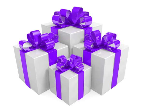 Група білих подарункових коробок, прикрашена фіолетовими стрічками та бантами, 3D рендеринг — стокове фото
