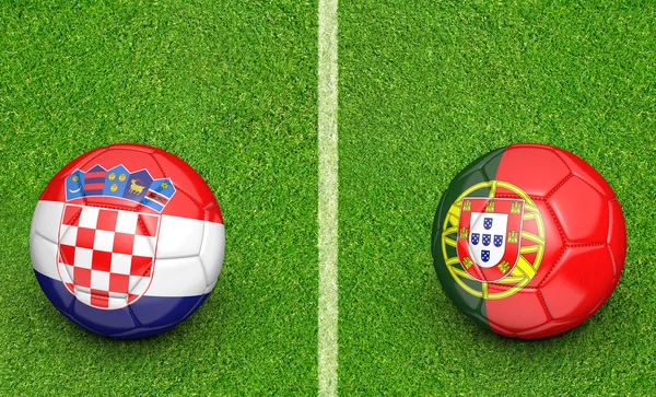 Balones de equipo para Croacia vs Portugal partido torneo de fútbol, representación 3D —  Fotos de Stock