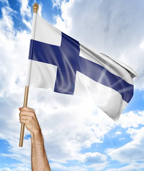 Person's hand holding the Finnish national flag and waving it in the sky, 3D rendering — Stock Photo, Image