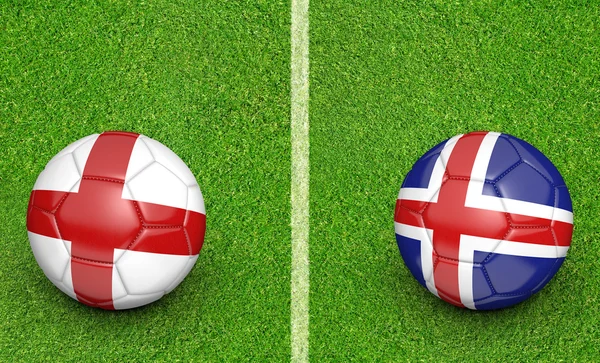 Pelotas de equipo para Inglaterra vs Islandia torneo de fútbol partido, representación 3D — Foto de Stock