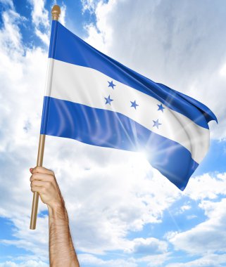 Honduras ulusal bayrak tutan ve gökyüzü, 3d render sallayarak birinin elini