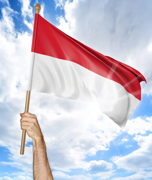 인도네시아 국기를 들고와 하늘, 3d 렌더링에에서 그것을 흔드는 사람의 손 — 스톡 사진