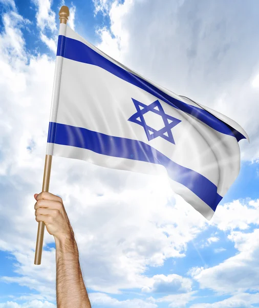 Person's hand holding the Israeli national flag and waving it in the sky, 3D rendering — Stock Photo, Image