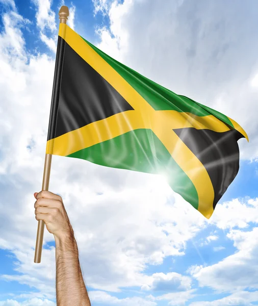 व्यक्ति का हाथ जमैका का राष्ट्रीय ध्वज पकड़ते हुए और इसे आकाश में झुकाते हुए, 3 डी रेंडरिंग — स्टॉक फ़ोटो, इमेज