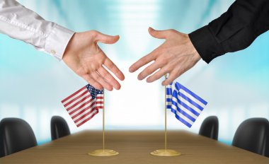Anlaşma, aynı fikirde olmak el sallayarak Amerika Birleşik Devletleri ve Yunanistan diplomatların bölüm 3d render