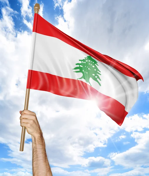 レバノンの国旗を持って、空、3 d レンダリングでそれを振って、人の手 — ストック写真