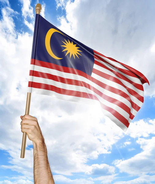 Person's hand holding the Malaysian national flag and waving it in the sky, 3D rendering — Stock Photo, Image