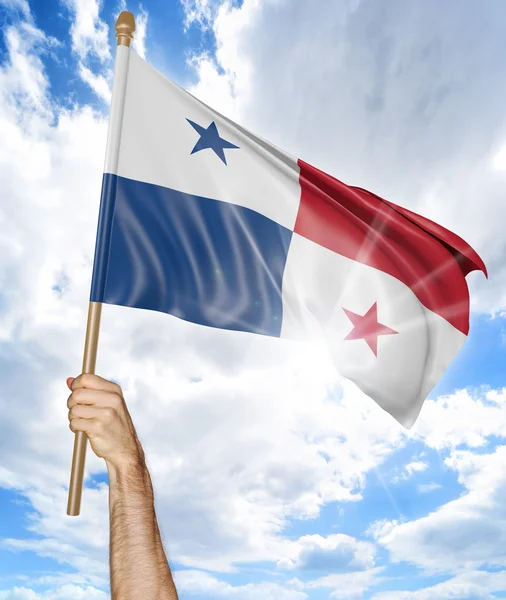 Iemands hand houden van de Panamese vlag en het zwaaien in de lucht, 3D-rendering — Stockfoto