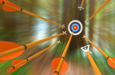 Barrage of arrows flying to an archery target in blurred motion, 3D rendering clipart