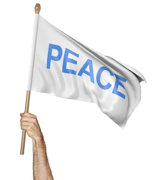 La mano della persona che tiene una bandiera sventolante con la parola pace, rendering 3D — Foto Stock