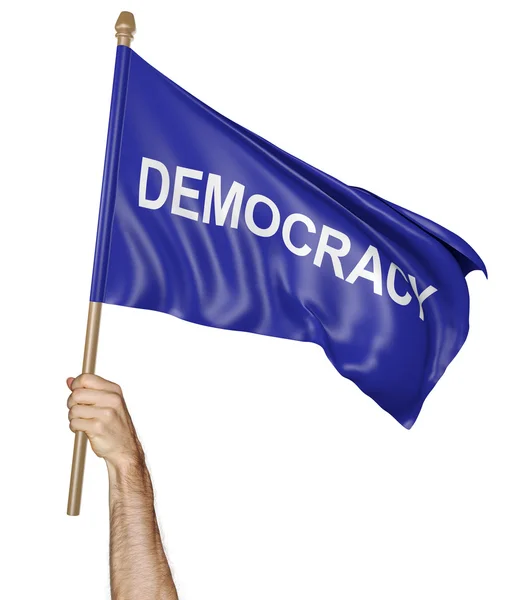 Mano de la persona sosteniendo una bandera ondeante con la palabra democracia, representación 3D — Foto de Stock