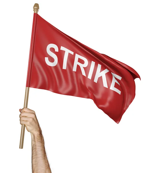 Person's hand holding a waving flag with the word strike, 3D rendering — Stock Photo, Image