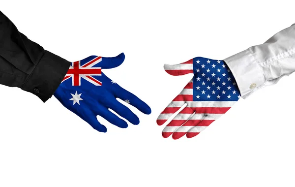 Australia and United States leaders shaking hands on a deal agreement — Stock Photo, Image