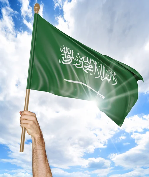 사람의 손을 사우디 아라비아 국기를 들고 하늘, 3d 렌더링에 흔들며 — 스톡 사진