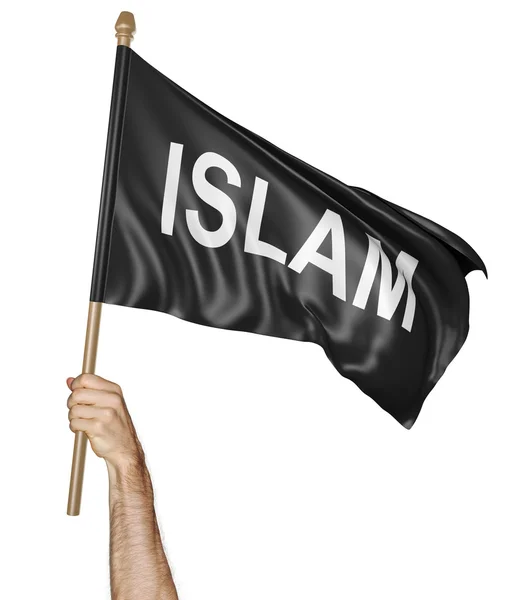 A mão da pessoa segurando uma bandeira preta acenando com a palavra Islã, renderização 3D — Fotografia de Stock