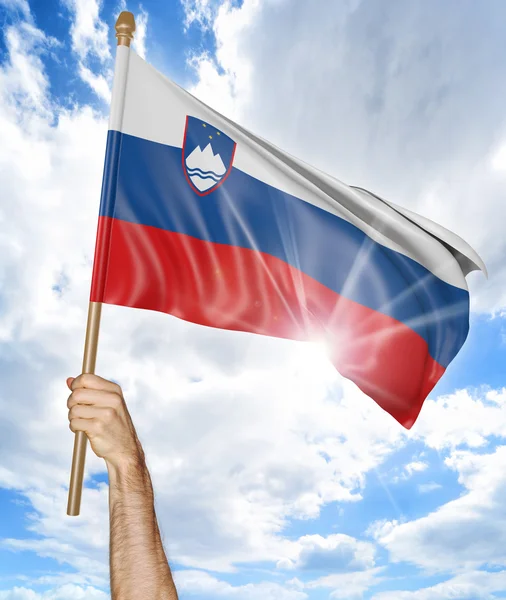 Tangan orang yang memegang bendera nasional Slovenia dan melambai di langit, rendering 3D — Stok Foto