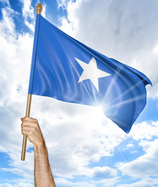 A mão da pessoa segurando a bandeira nacional da Somália e acenando-a no céu, renderizando 3D — Fotografia de Stock