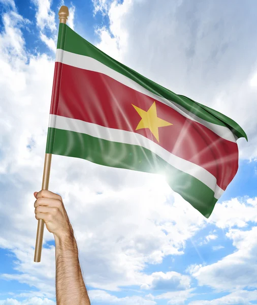 Osoby za rękę trzyma flagę narodową surinamskiego i macha to w niebo, renderowania 3d — Zdjęcie stockowe