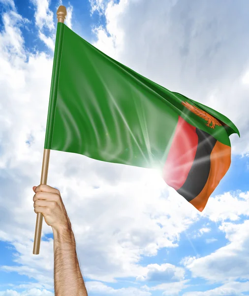 Persons hand hålla den zambiska flaggan och vifta det i himlen, 3d-rendering — Stockfoto