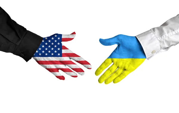 United States and Ukraine leaders shaking hands on a deal agreement — Stock Photo, Image