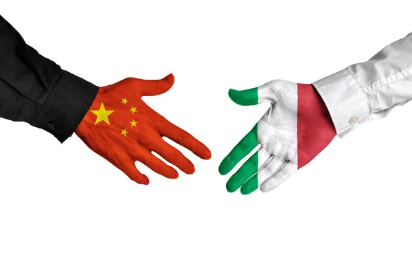 China and Italy leaders shaking hands on a deal agreement — Stock Photo, Image